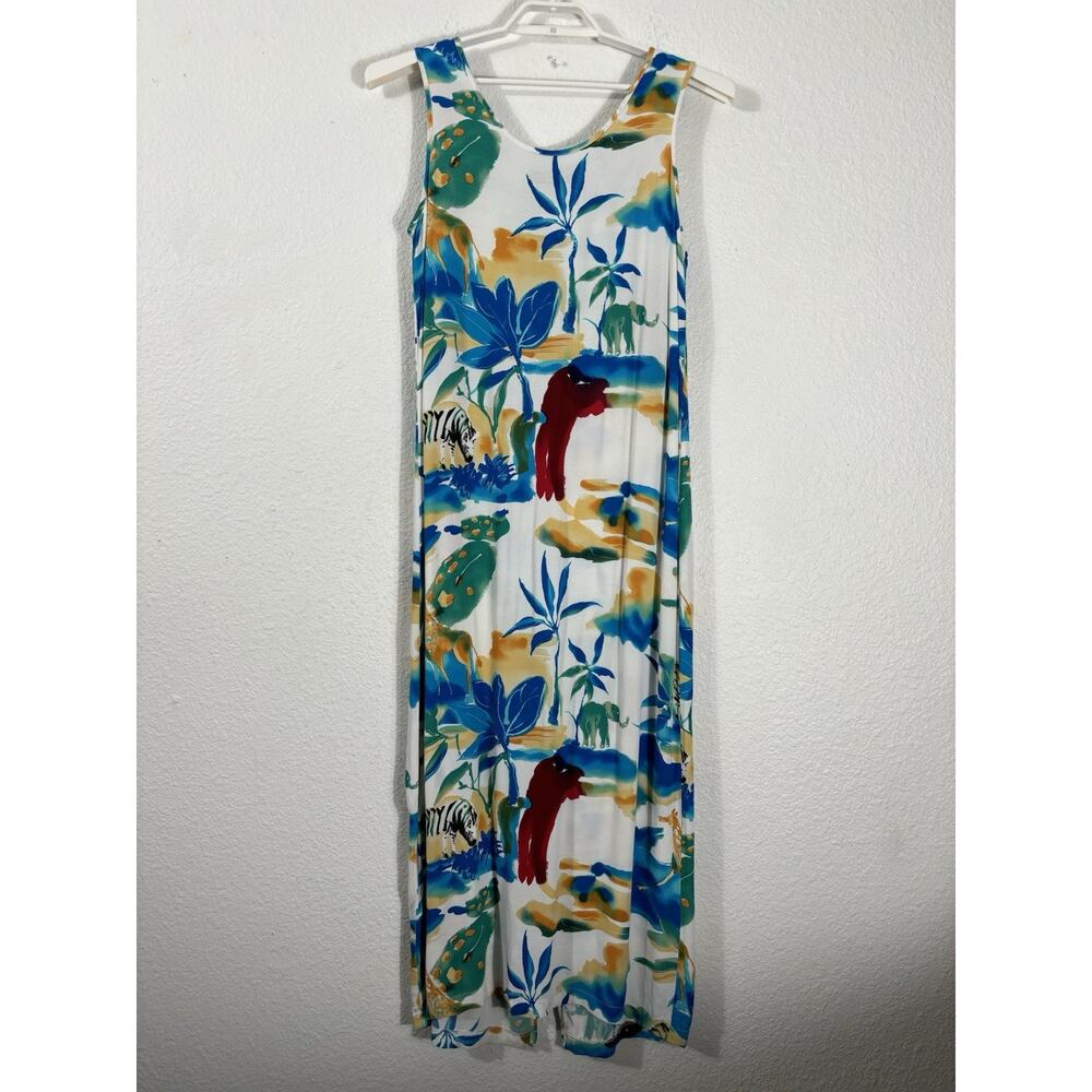 Vintage Peter Popovitch Dress Size Tall Medium Safari Animals Sleeveless Rayon